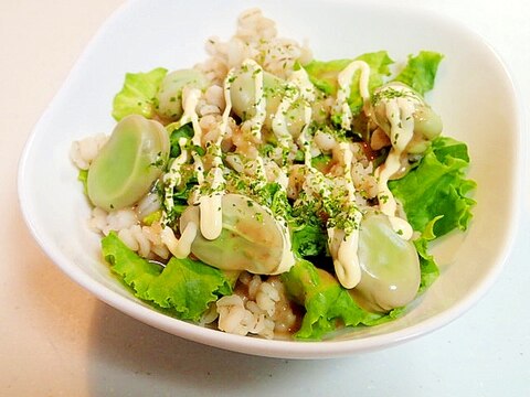 グリーンリーフと押し麦とそら豆の和風サラダ